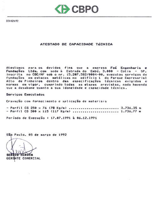 Estacas Metálicas: Atestado CBPO