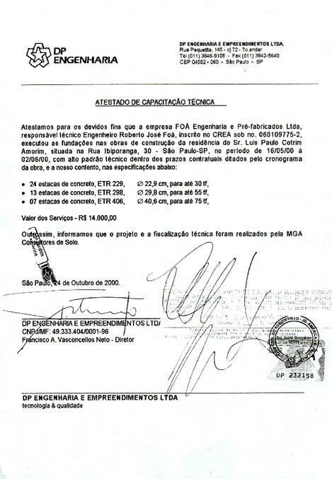 Estacas Pré-Moldadas: Atestado DP Engenharia