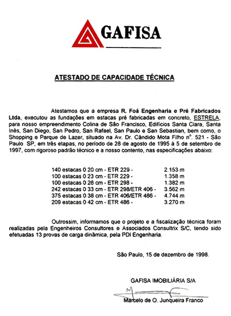 Estacas Pré-Moldadas: Atestado Gafisa