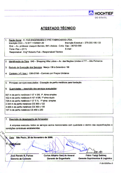 Estacas Metálicas: Atestado Hochtief