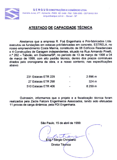Estacas Pré-Moldadas: Atestado Sergus